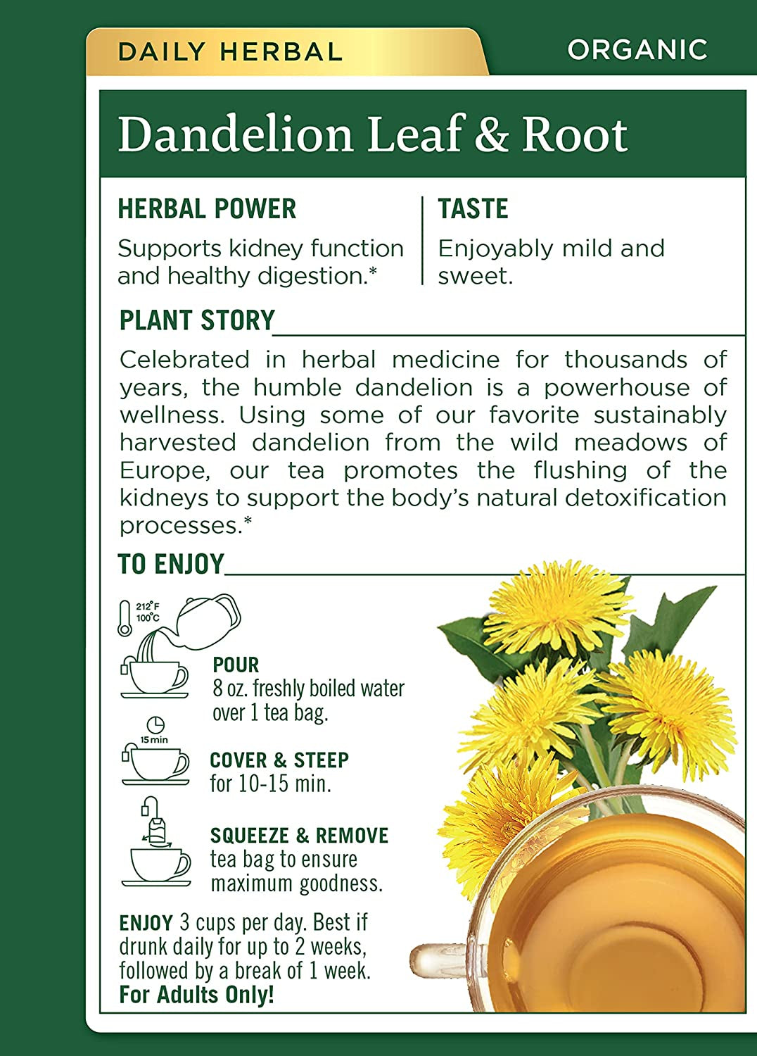 Traditional Medicinals Tea, Organic Dandelion Leaf & Root, Supports Kidney Function & Healthy Digestion, 16 Tea Bags