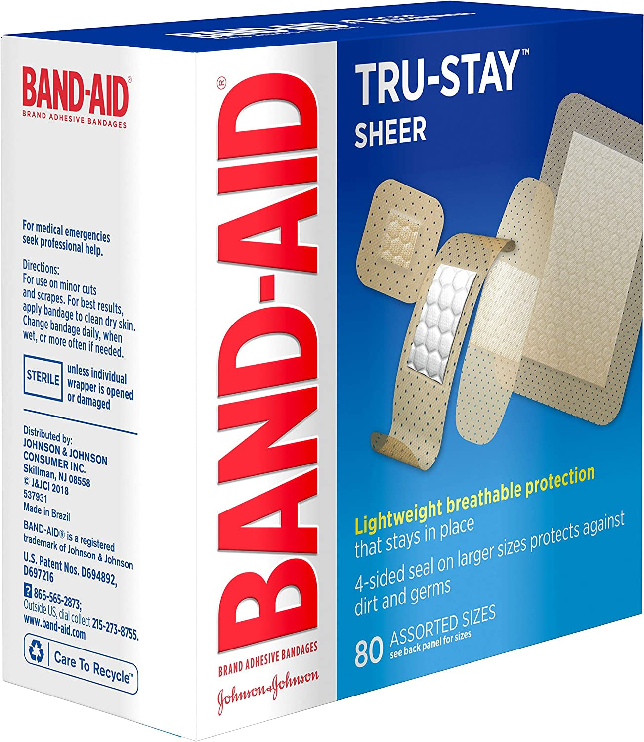 Band-Aid Brand Tru-Stay Sheer Strips Adhesive Bandages for First Aid and Wound Care, Assorted Sizes, 80 Ct