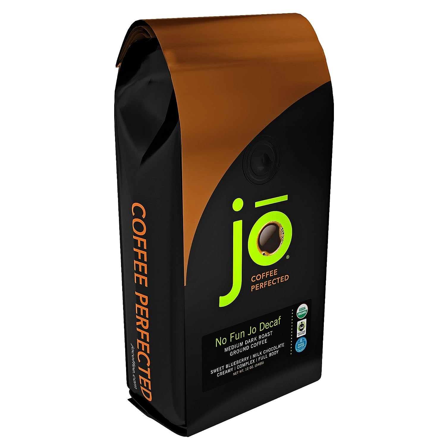 NO FUN JO DECAF: 12 Oz, Organic Decaf Ground Coffee, Swiss Water Process, Fair Trade Certified, Medium Dark Roast, 100% Arabica Coffee, USDA Certified Organic, NON-GMO, Chemical & Gluten Free