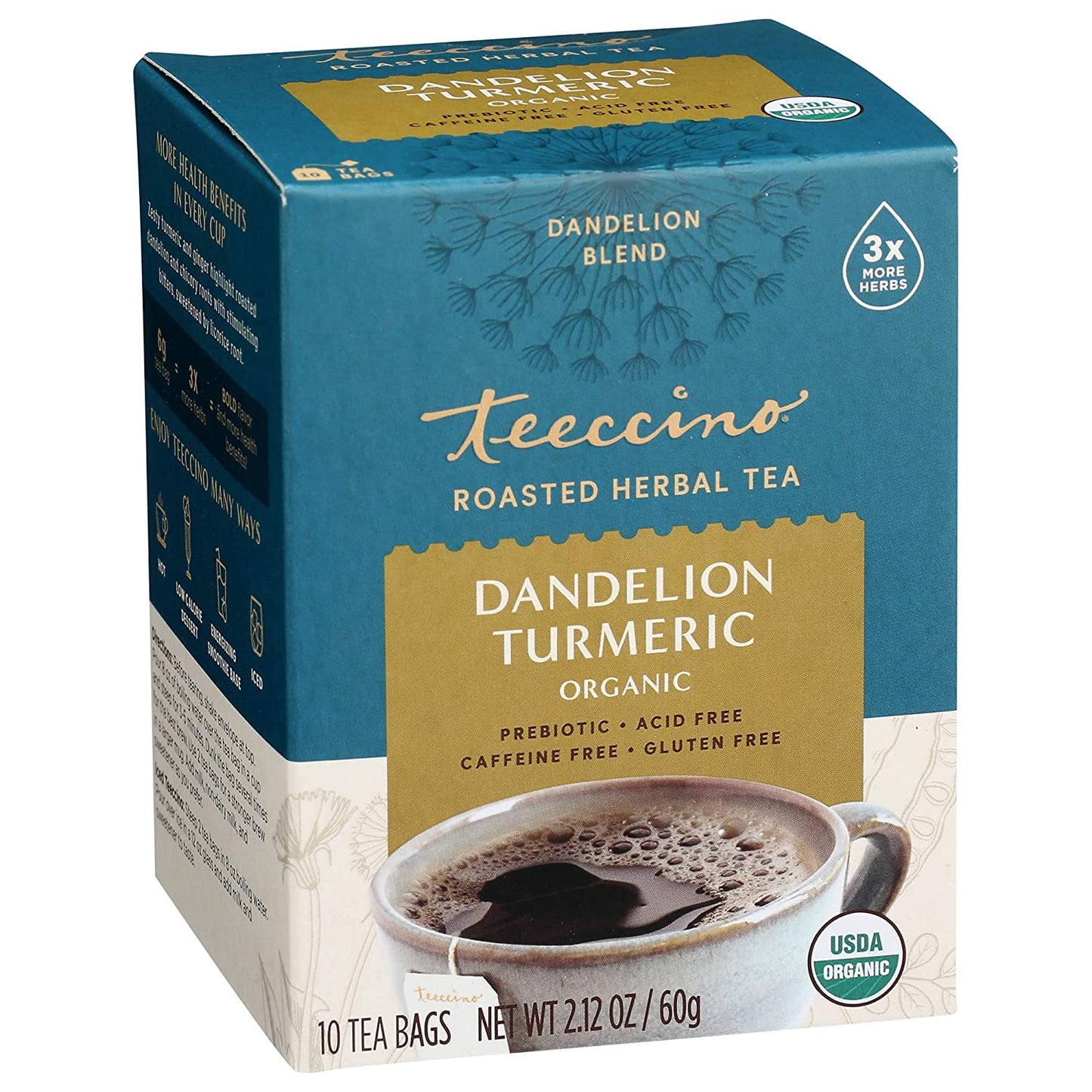 Teeccino Dandelion Turmeric Tea - Caffeine-Free, Organic, Roasted Herbal Tea with Prebiotics, 3X More Herbs than Regular Tea Bags, Gluten Free - 10 Tea Bags