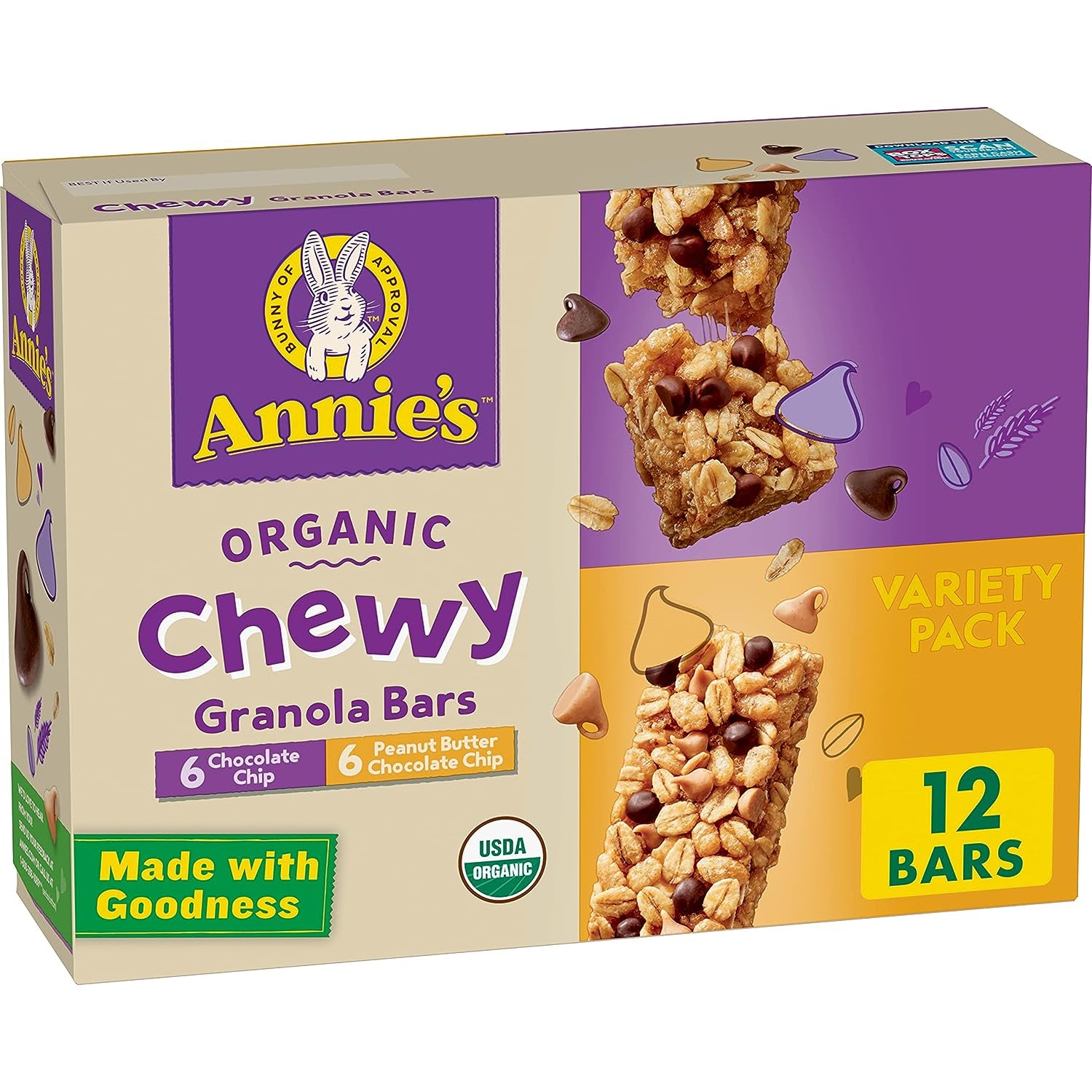 Annie'S Organic Chewy Granola Bars Variety Pack, Chocolate Chip & Peanut Butter Chocolate Chip, 12 Ct