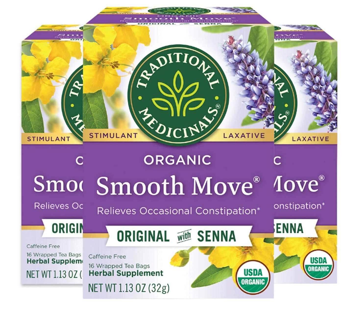 Traditional Medicinals Organic Smooth Move with Senna Herbal Tea, Relieves Occasional Constipation, (Pack of 3) - 48 Tea Bags Total