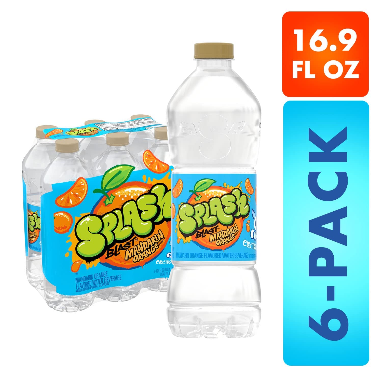 Splash Blast, Flavored Water Beverage, Mandarin Orange Flavor, 16.9 Fl Oz Plastic Bottles, 6 Pack