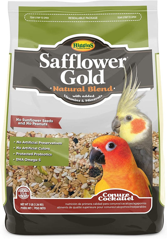 Higgins Safflower Gold Natural Food Mix for Conures & Cockatiels, 3Lbs