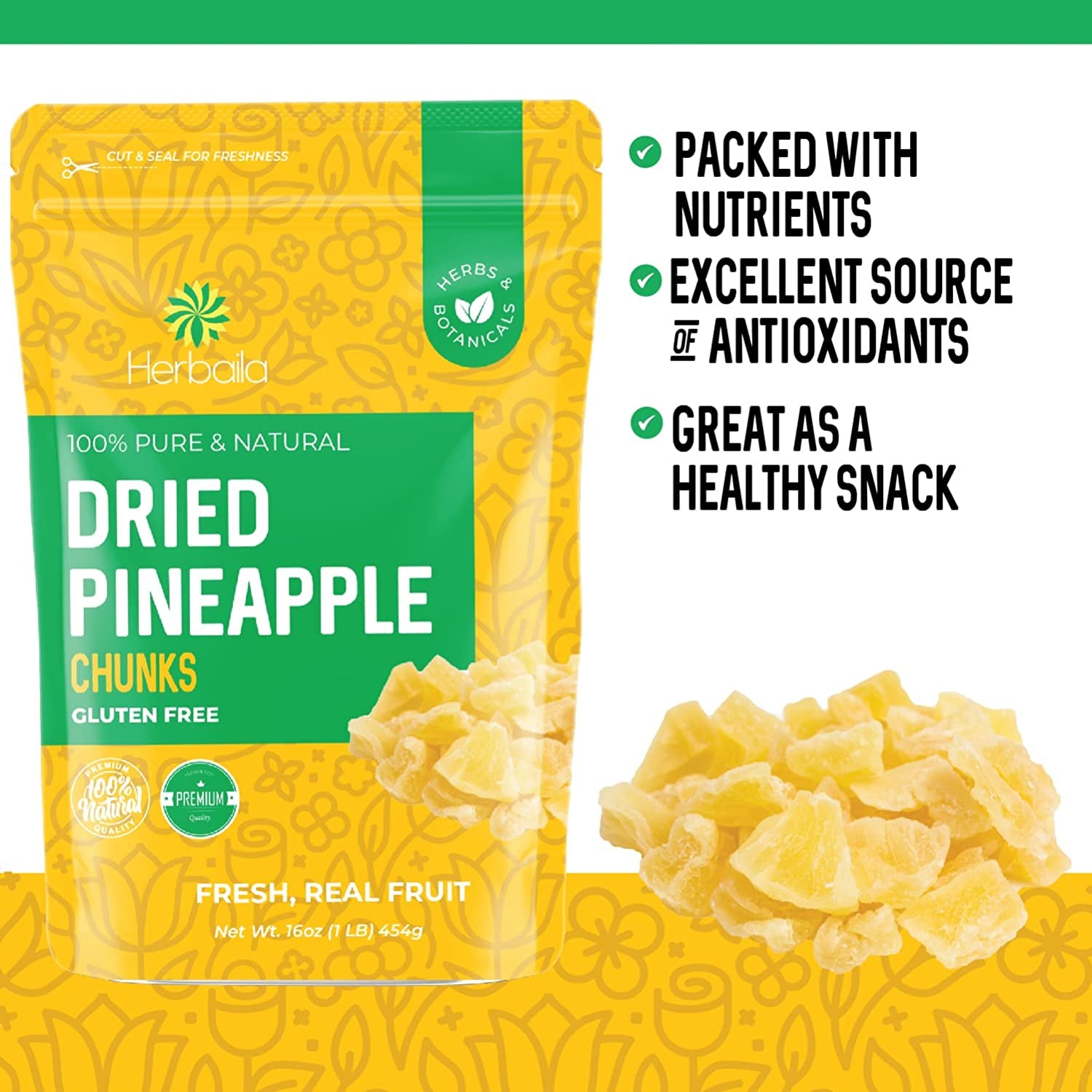 1 Pound. Dehydrated Pineapple Chunk, Dehydrated Pineapple Bulk Bits. All Natural, Non-Gmo, Lightly Sweetened Dried Pineapples, 16 Oz.