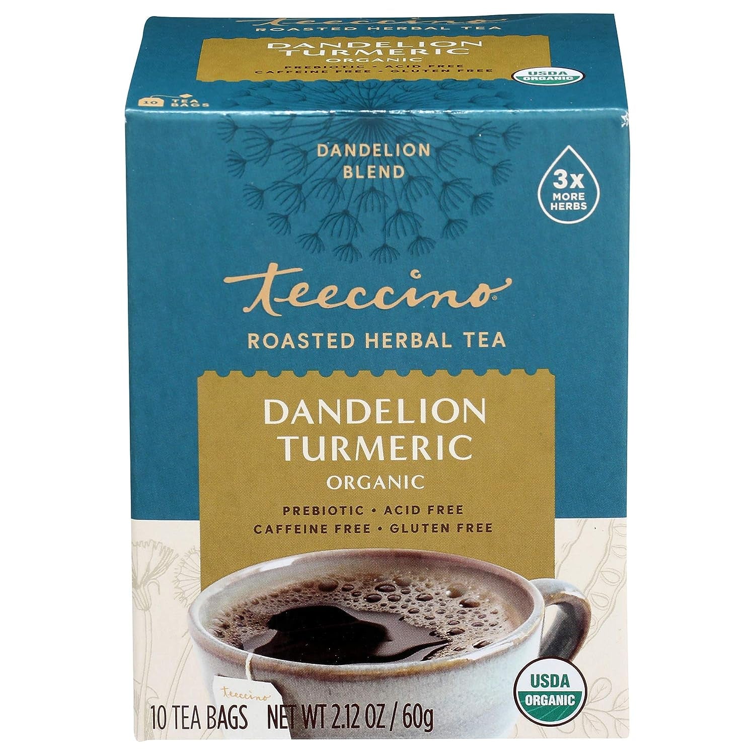 Teeccino Dandelion Turmeric Tea - Caffeine-Free, Organic, Roasted Herbal Tea with Prebiotics, 3X More Herbs than Regular Tea Bags, Gluten Free - 10 Tea Bags