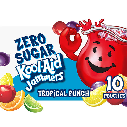 Kool-Aid Jammers Tropical Punch Zero Sugar Artificially Flavored Kids Soft Drink (10 Ct Box, 6 Fl Oz Pouches)