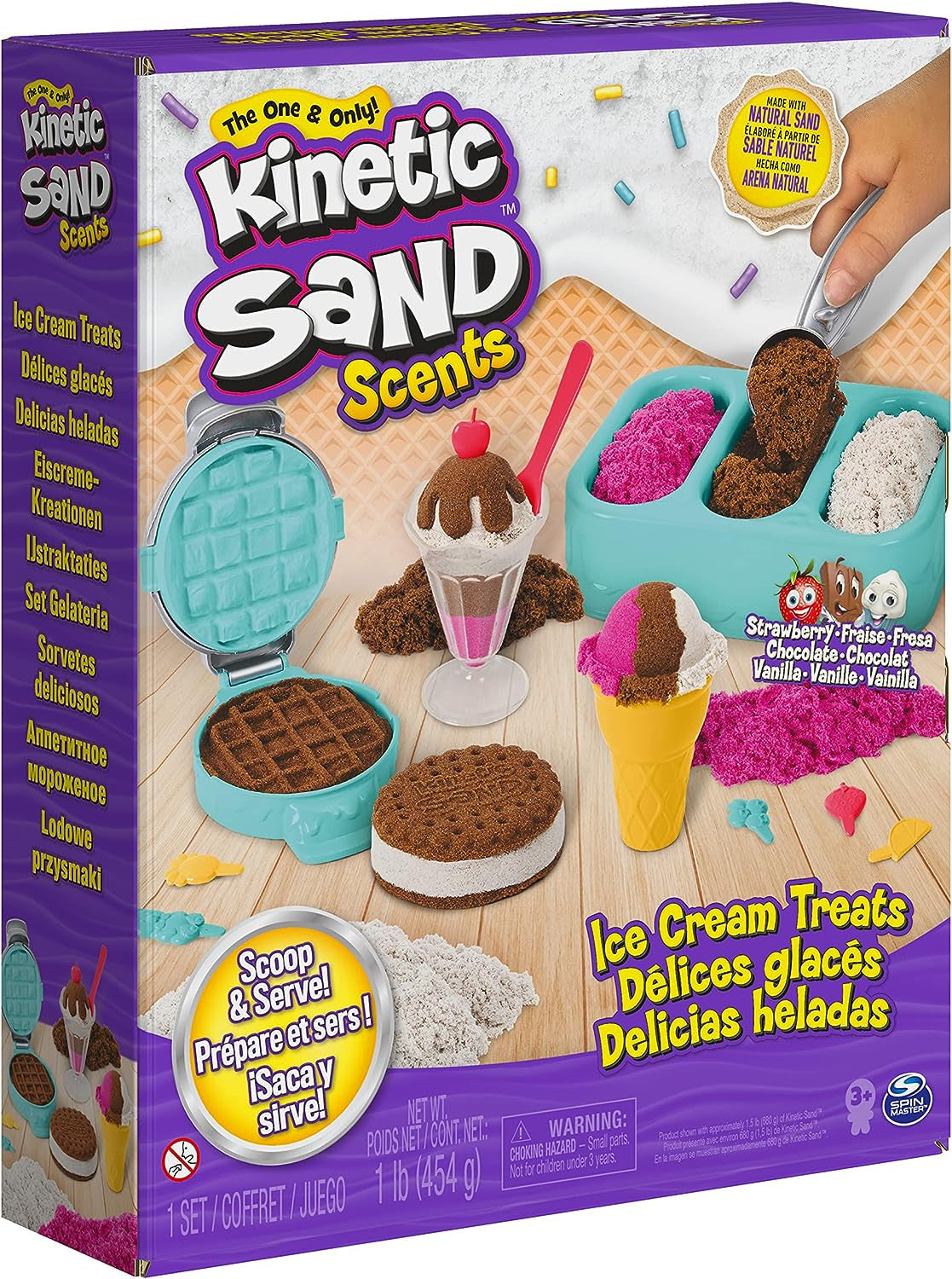 Kinetic Sand Scents, Ice Cream Treats Playset with 3 Colors of All-Natural Scented Play Sand & 6 Serving Tools, Sensory Toys, Christmas Gifts for Kids