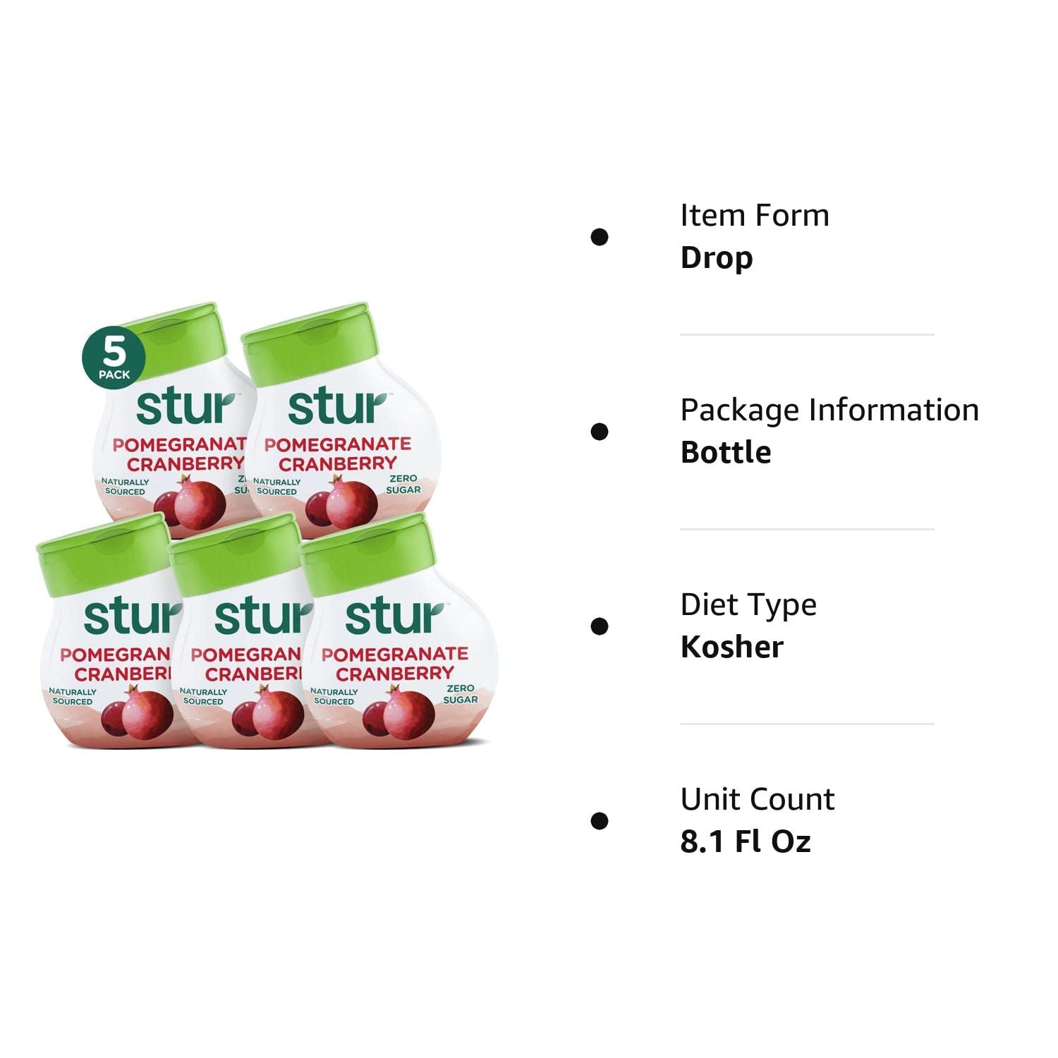 Stur -Pomegranate Cranberry, Natural Water Enhancer, (5 Bottles, Makes 100 Flavored Waters) - Sugar Free, Zero Calories, Kosher, Liquid Drink Mix Sweetened with Stevia, 1.62 Fl Oz (Pack of 5)