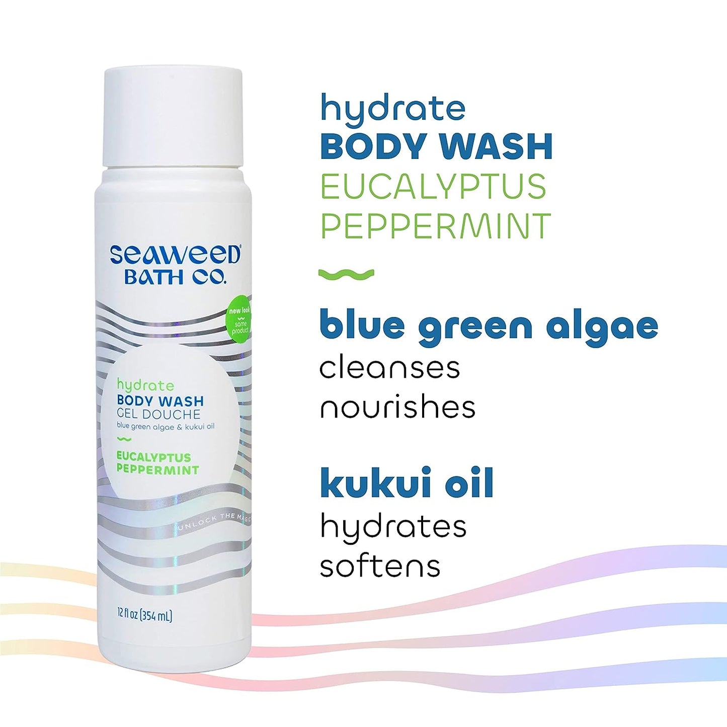 . Hydrate Body Wash, Eucalyptus Peppermint Scent, 12 Ounce, Sustainably Harvested Seaweed, Blue Green Algae, Kukui and Coconut Oils (Packaging May Vary)