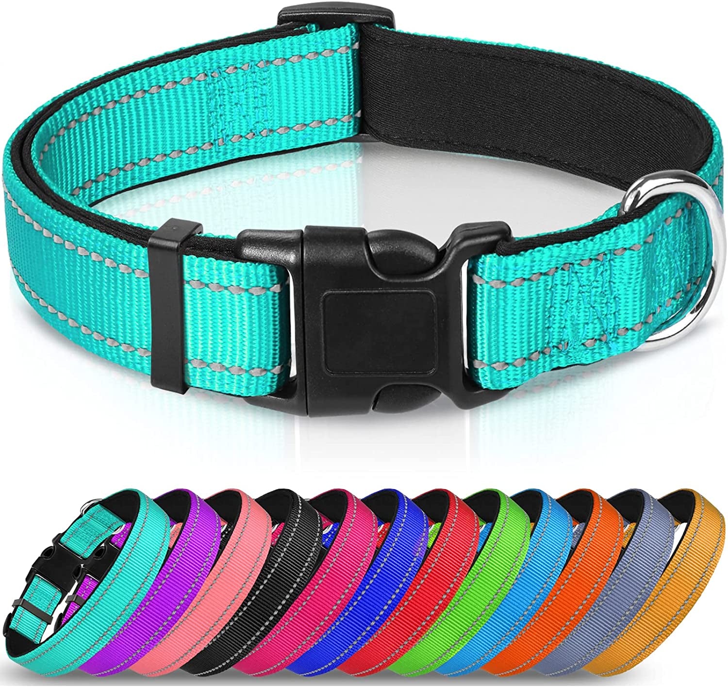 Joytale Reflective Dog Collar,Soft Neoprene Padded Breathable Nylon Pet Collar Adjustable for Large Dogs,Teal,L