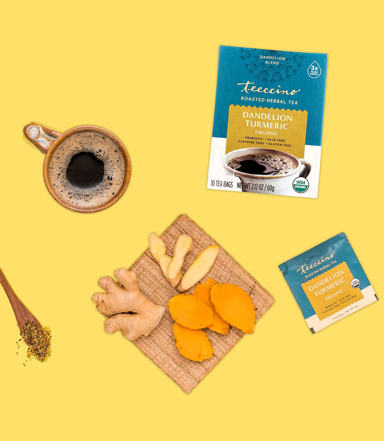 Teeccino Dandelion Turmeric Tea - Caffeine-Free, Organic, Roasted Herbal Tea with Prebiotics, 3X More Herbs than Regular Tea Bags, Gluten Free - 10 Tea Bags