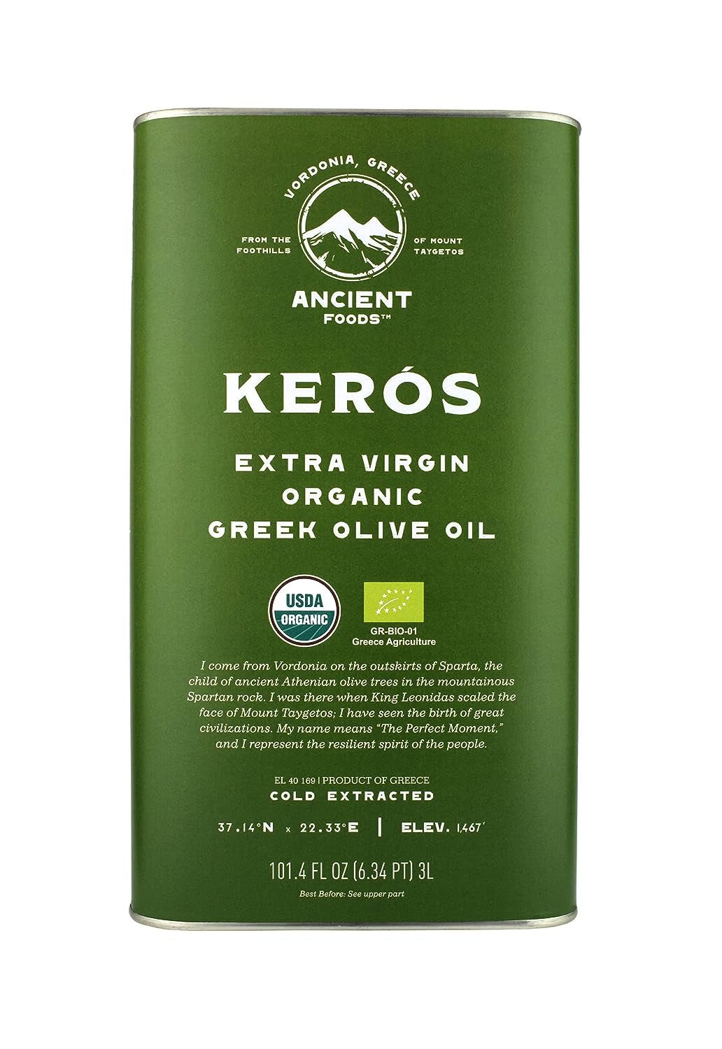 Ancient Foods Keros Greek Organic Extra Virgin Olive Oil – Cold Pressed Olive Oil from Greece, High Phenolic Organic Olive Oil from 1000 Year Old Trees, New Harvest for 2023 (101Oz, 3L)