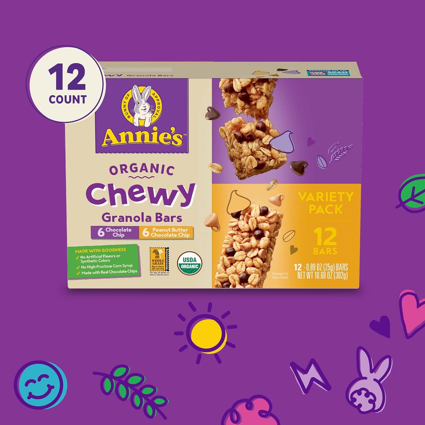 Annie'S Organic Chewy Granola Bars Variety Pack, Chocolate Chip & Peanut Butter Chocolate Chip, 12 Ct