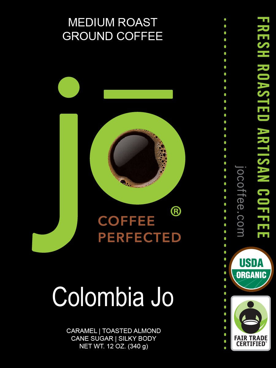 COLOMBIA JO: 12 Oz, Organic Ground Colombian Coffee, Medium Roast, Fair Trade Certified, USDA Certified Organic, 100% Arabica Coffee, NON-GMO, Gluten Free, Gourmet Coffee from Jo Coffee