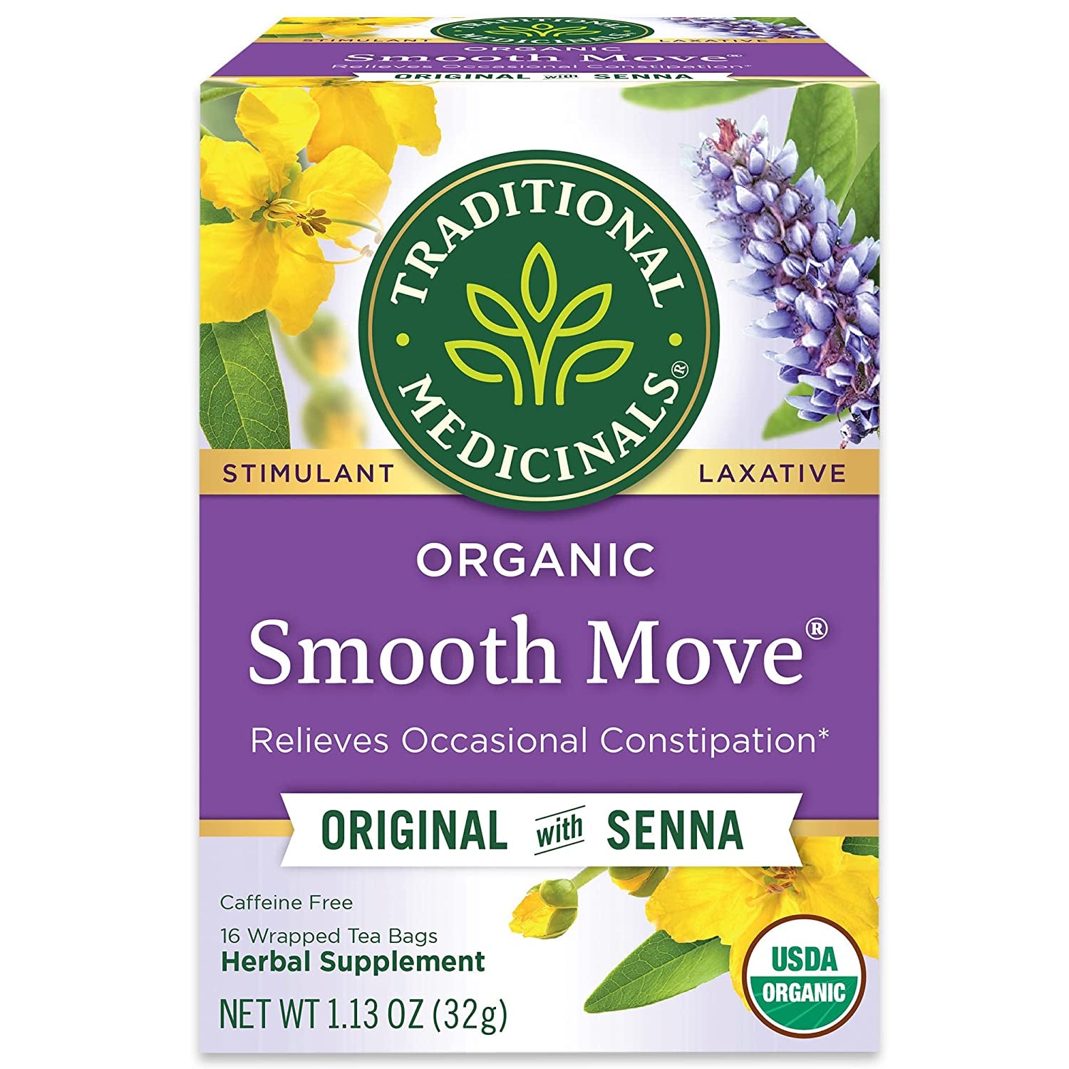 Traditional Medicinals Organic Smooth Move with Senna Herbal Tea, Relieves Occasional Constipation, (Pack of 3) - 48 Tea Bags Total