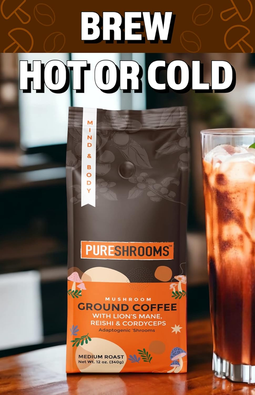 Pureshrooms Premium Fresh Mushroom Ground Coffee - Mind & Body 