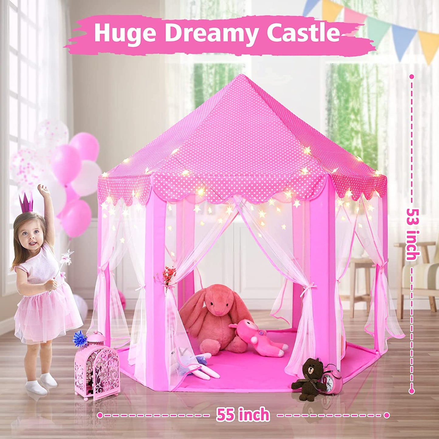 Monobeach Princess Tent Girls Large Playhouse Kids Castle Play Tent with Star Lights Toy for Children Indoor and Outdoor Games, 55'' X 53'' (Dxh)