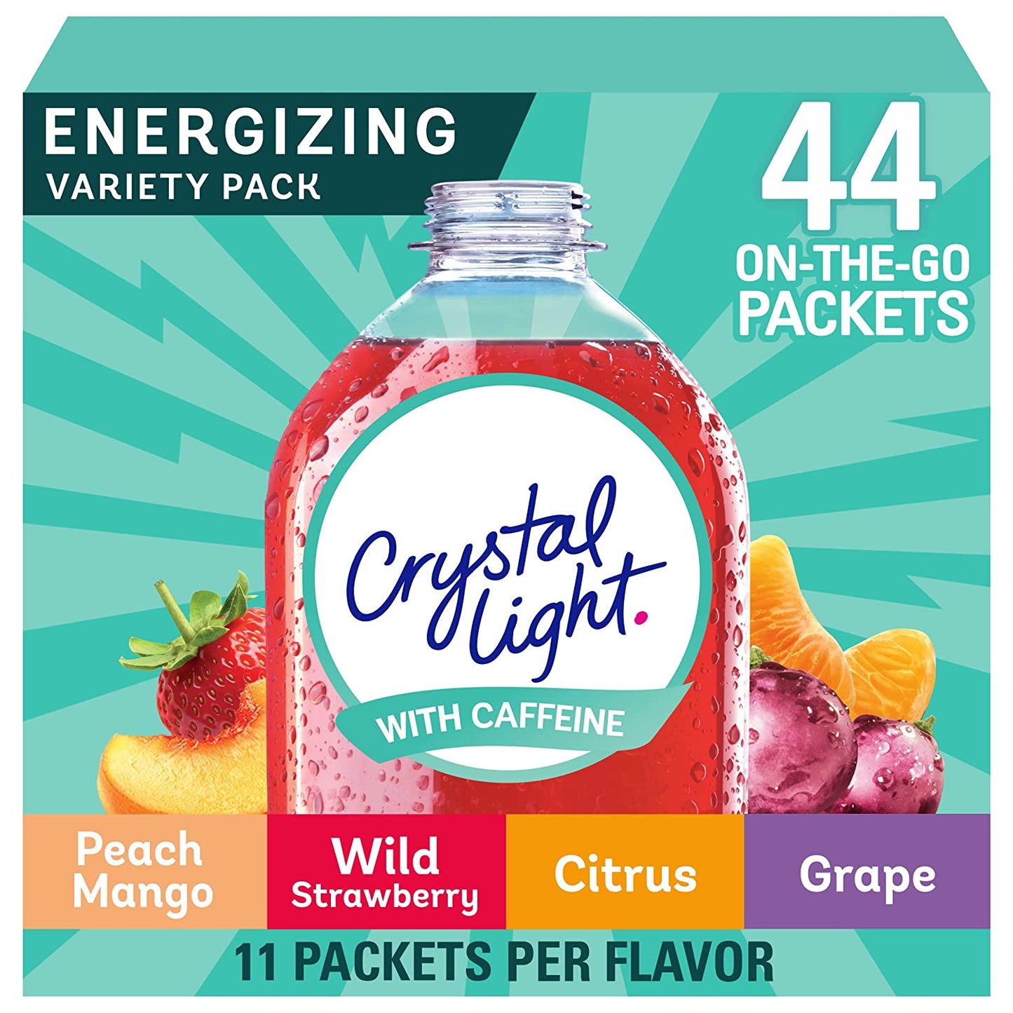 Crystal Light Energy Citrus, Grape, Peach Mango, & Wildy Strawberry Powdered Drink Mix Singles Variety Pack (44 Ct. On-The-Go Individual Packets)