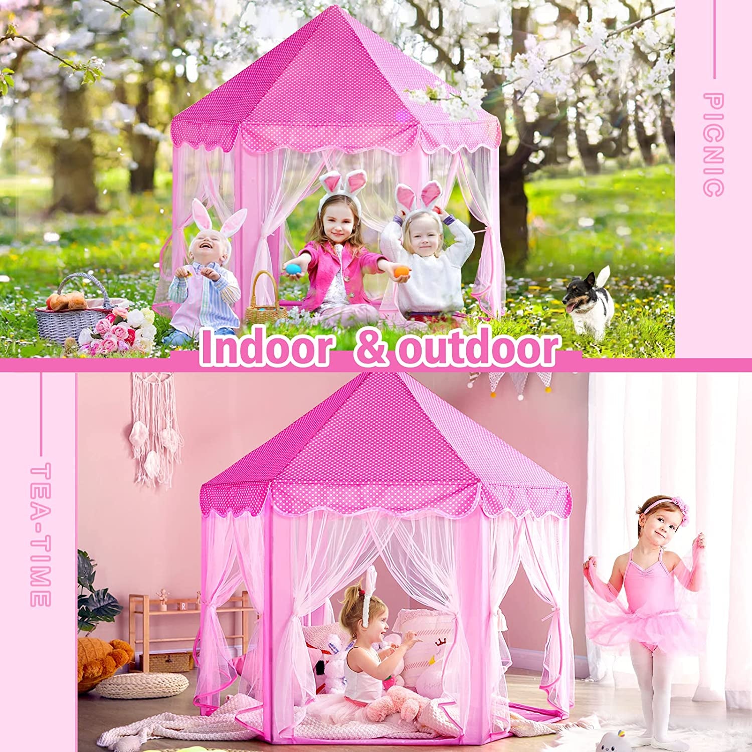 Monobeach Princess Tent Girls Large Playhouse Kids Castle Play Tent with Star Lights Toy for Children Indoor and Outdoor Games, 55'' X 53'' (Dxh)