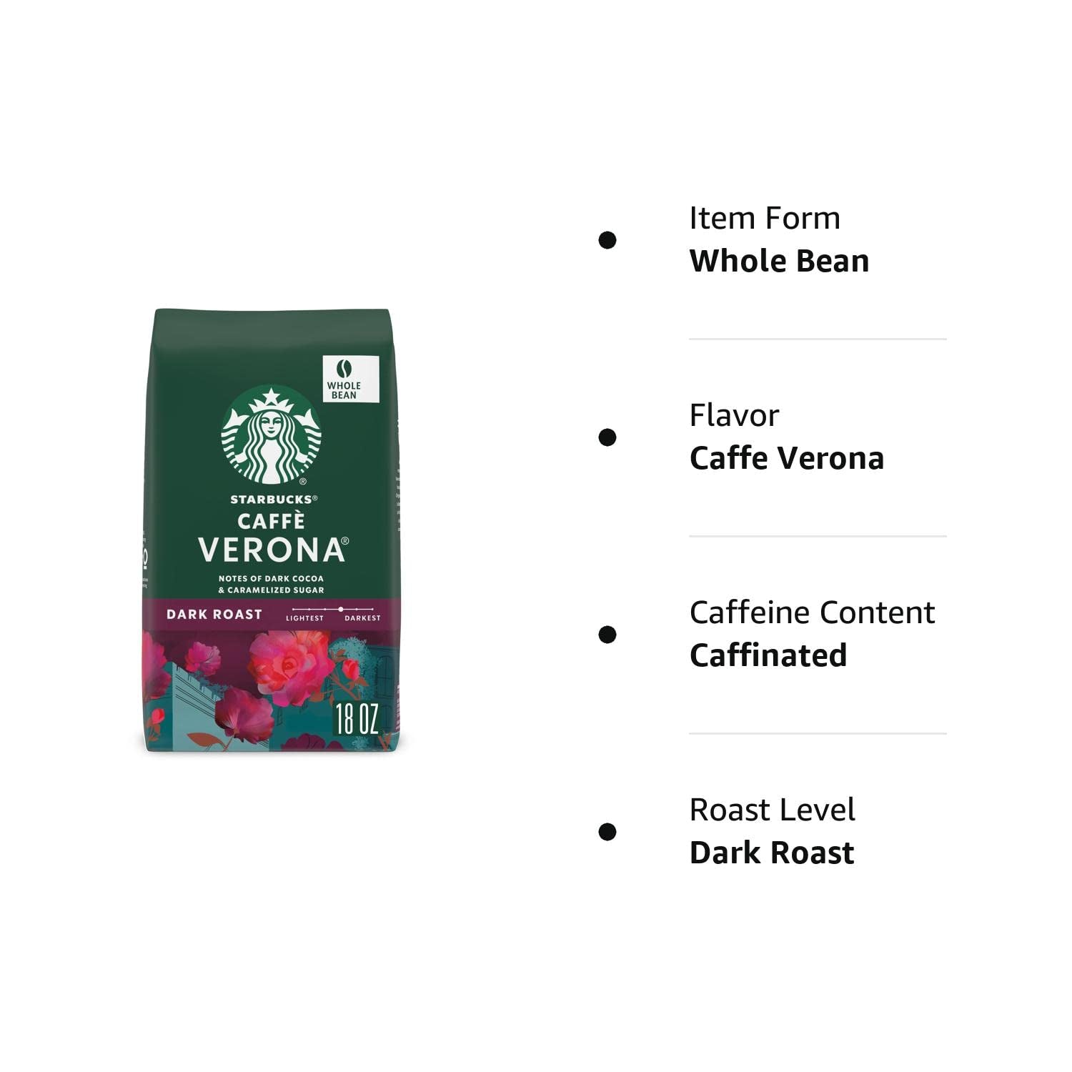 Dark Roast Whole Bean Coffee — Caffe Verona — 100% Arabica— 1 Bag (18 Oz)