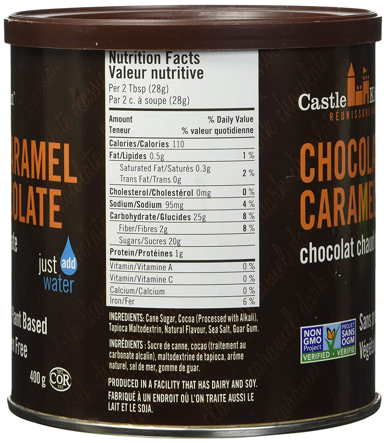 Castle Kitchen Classic Caramel Dark Chocolate Premium Hot Cocoa Mix - Dairy-Free, Vegan, Plant Based, Gluten-Free, Non-Gmo Project Verified, Kosher - Just Add Water - 14 Oz