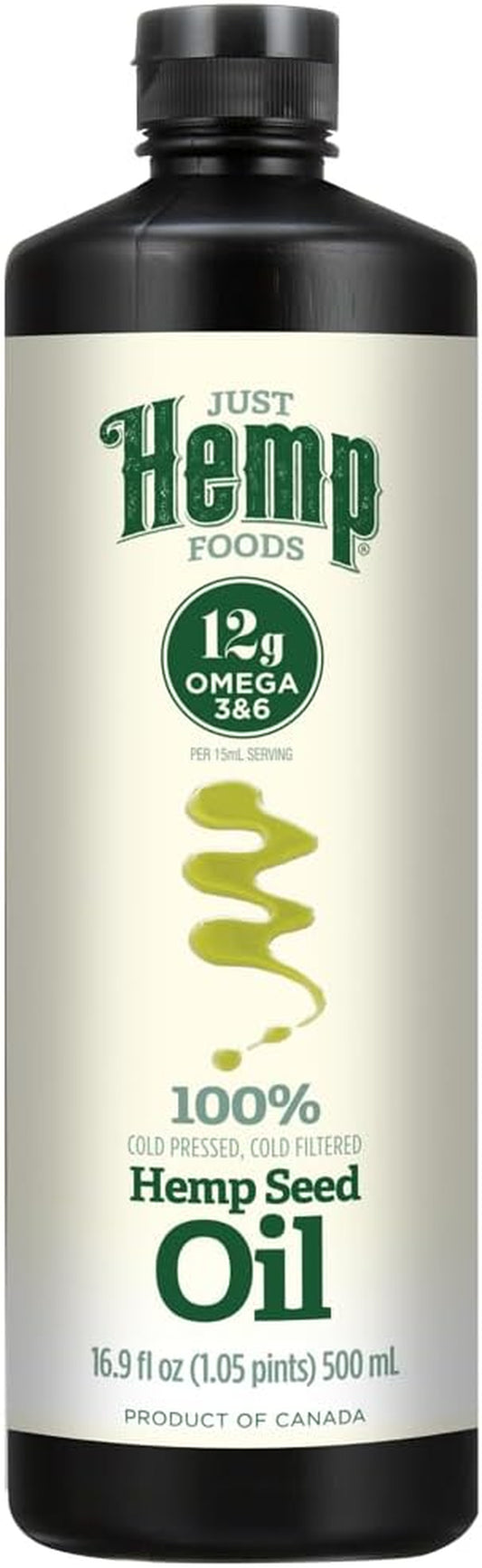 Just Hemp Foods All Natural Hemp Seed Oil, Cold Pressed, Cold Filtered, 12G of Omega 3 & 6 per Serving, 16.9 Fl Oz