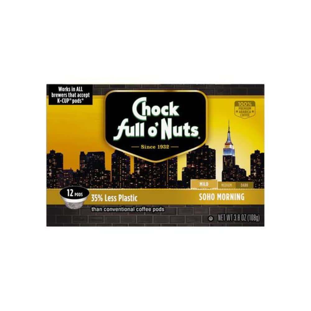 Chock Full O’Nuts Soho Morning Mild Roast, K-Cup Compatible Pods (12 Count) - Arabica Coffee in Eco-Friendly Keurig-Compatible Single Serve Cups