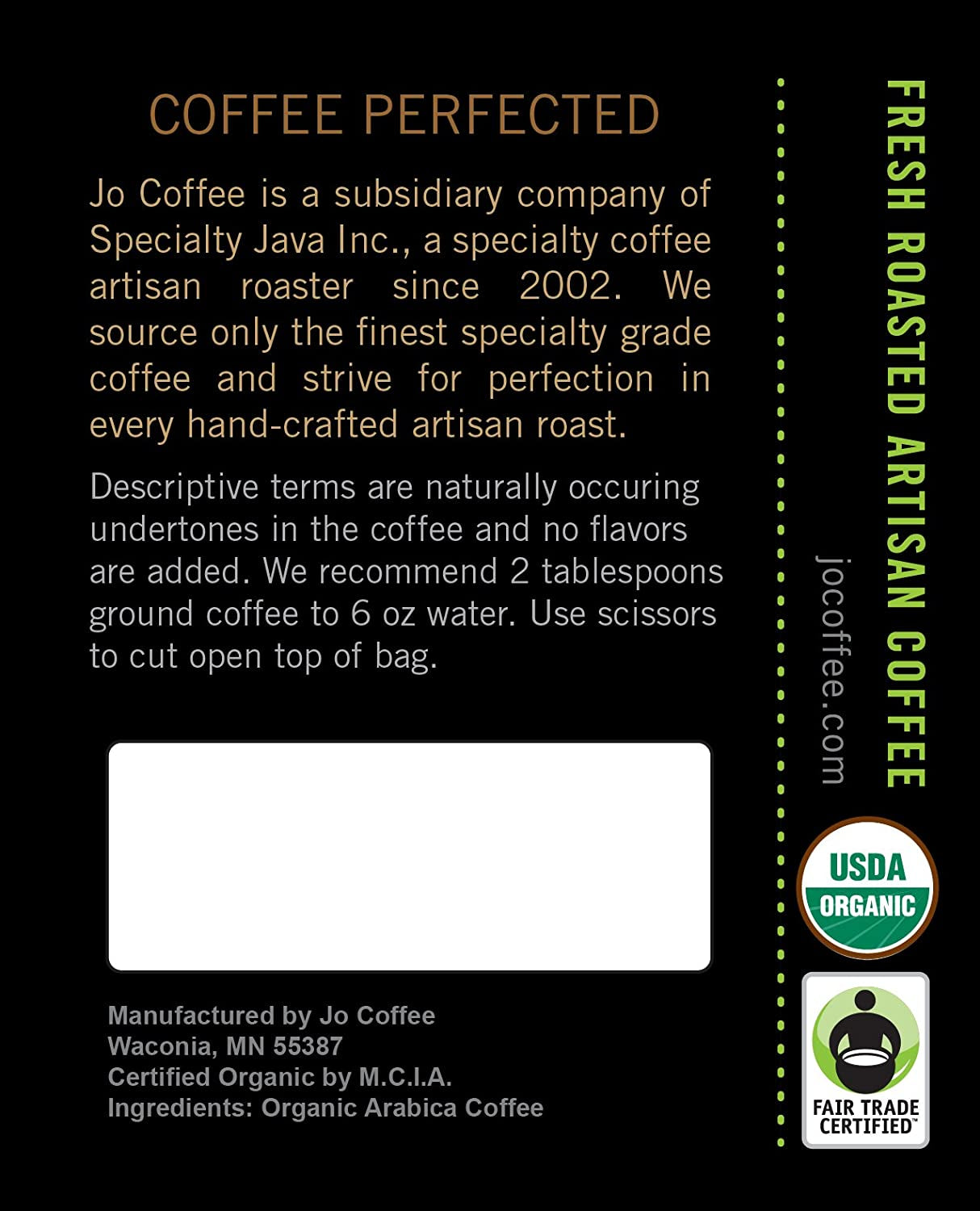 COLOMBIA JO: 12 Oz, Organic Ground Colombian Coffee, Medium Roast, Fair Trade Certified, USDA Certified Organic, 100% Arabica Coffee, NON-GMO, Gluten Free, Gourmet Coffee from Jo Coffee