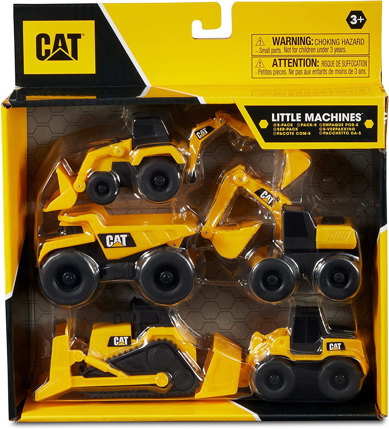 Cattoysofficial, CAT Little Machines Toys with 5Pcs - Dump Truck, Wheel Loader, Bulldozer, Backhoe, and Excavator Vehicles, Cake Toppers, Playset for Kids Ages 3 and Up,Yellow