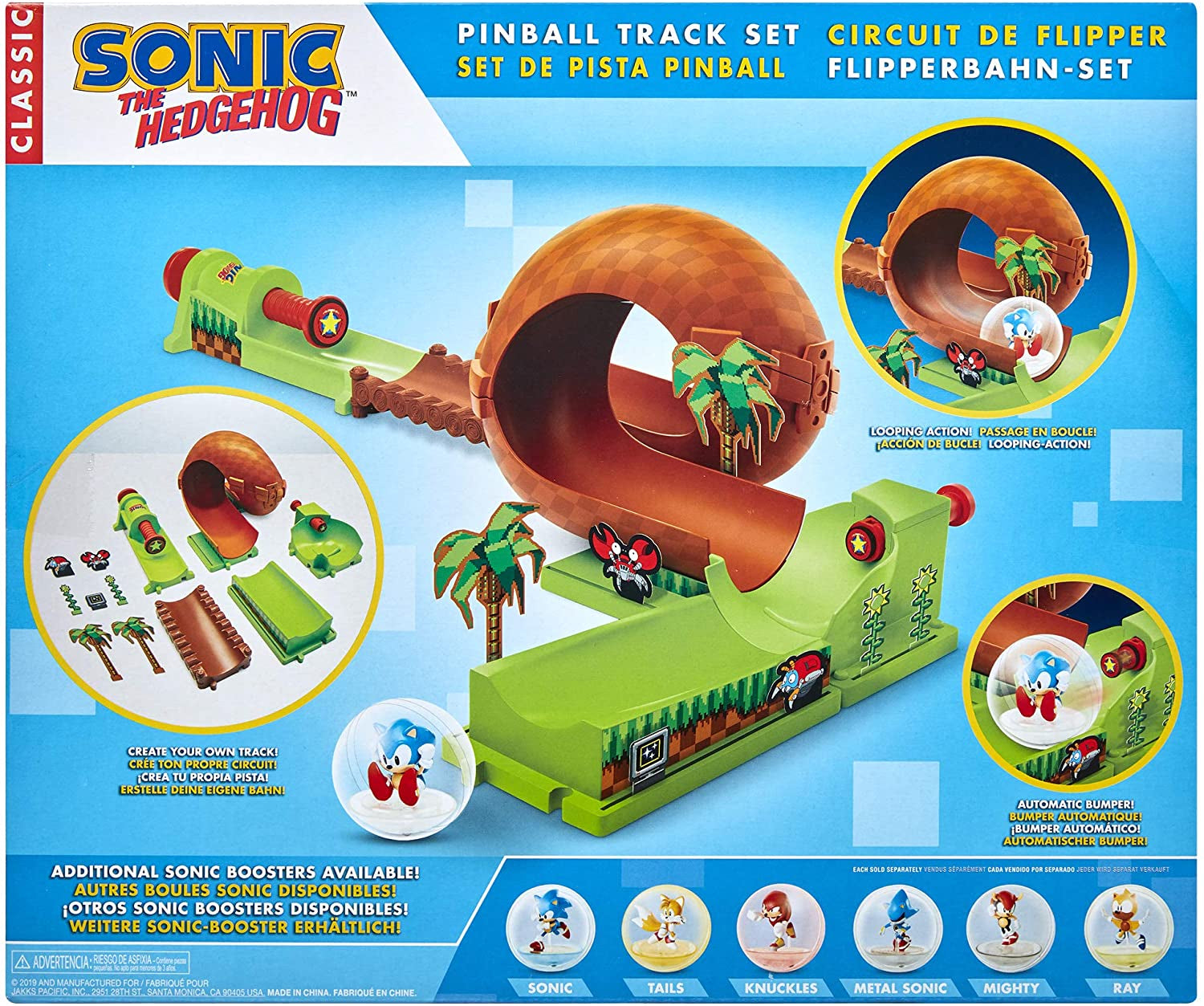 Sonic the Hedgehog Pinball Green Hill Zone , Track Play Set, 9 Piece, with Looping Action & Automatic Bumper Exclusive Sonic Sphere Included, for Ages 3+