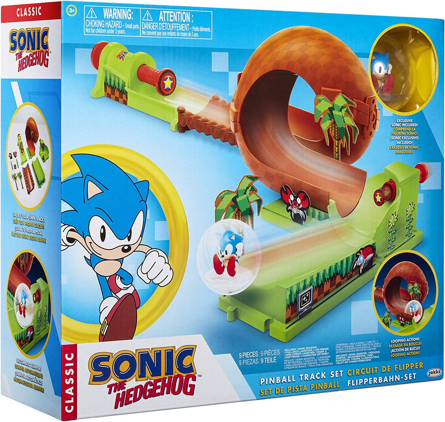 Sonic the Hedgehog Pinball Green Hill Zone , Track Play Set, 9 Piece, with Looping Action & Automatic Bumper Exclusive Sonic Sphere Included, for Ages 3+