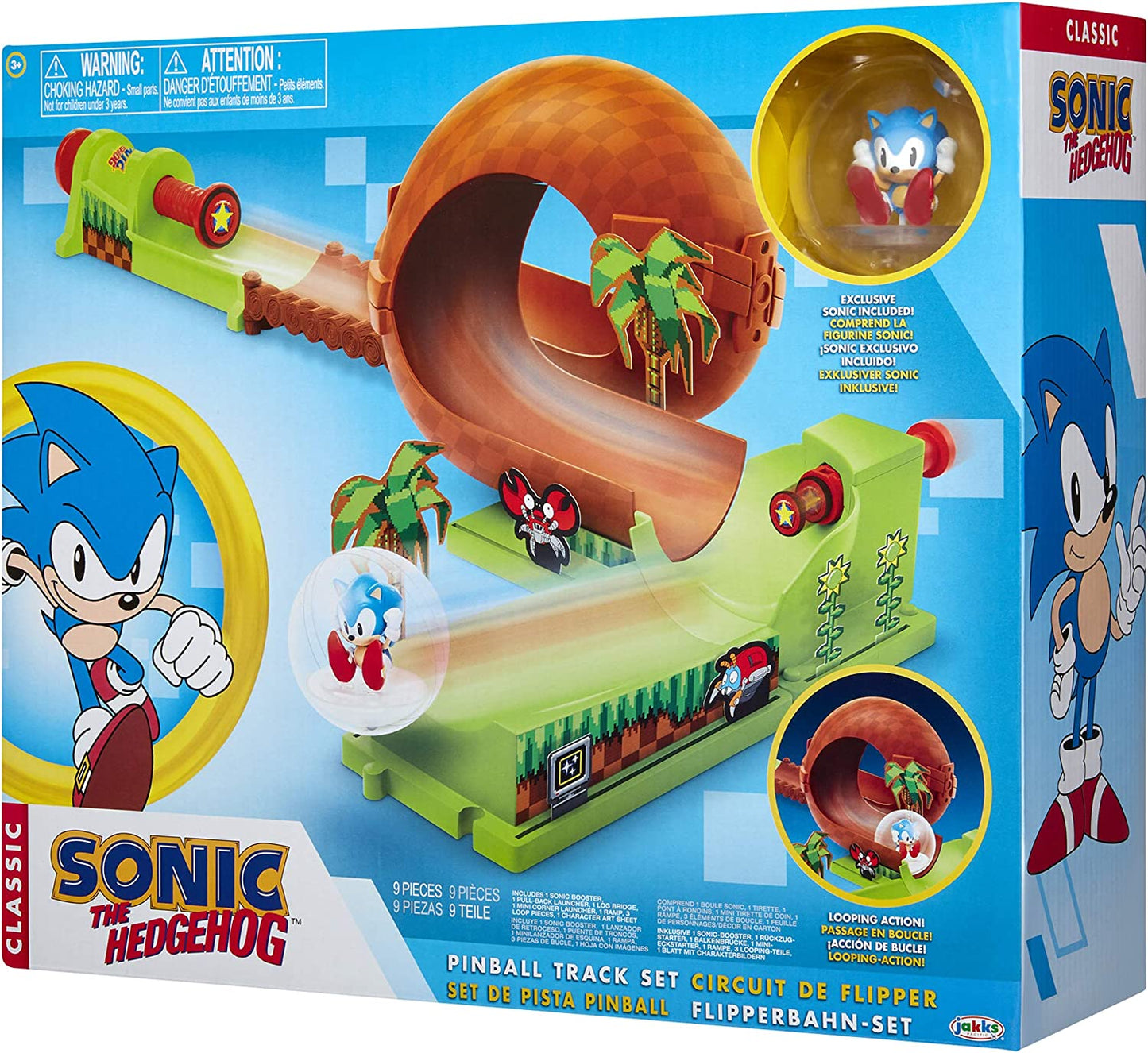 Sonic the Hedgehog Pinball Green Hill Zone , Track Play Set, 9 Piece, with Looping Action & Automatic Bumper Exclusive Sonic Sphere Included, for Ages 3+