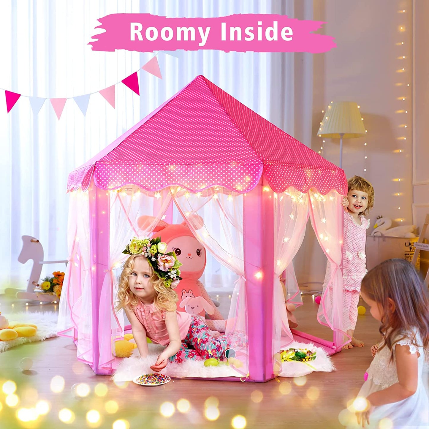 Monobeach Princess Tent Girls Large Playhouse Kids Castle Play Tent with Star Lights Toy for Children Indoor and Outdoor Games, 55'' X 53'' (Dxh)