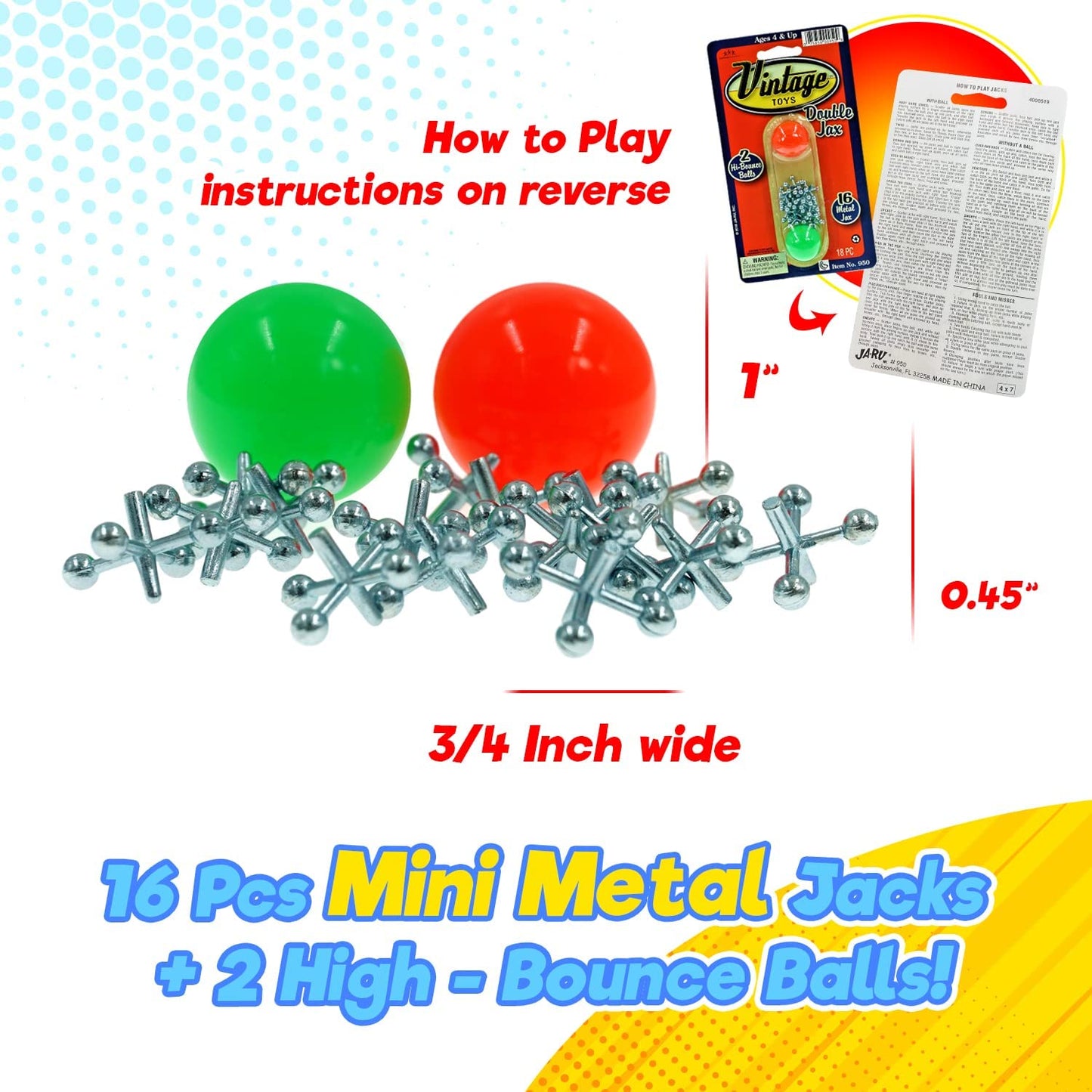 JA-RU Vintage Toys Metal Jacks Set (1 Pack) W/Two Bouncy Balls. Mini Jax Toy for Kids, Boys & Girls. Classic Family Retro Games. Bulk Party Favors, Pinata Filler, Birthday Stocking Stuffers. 950-1B